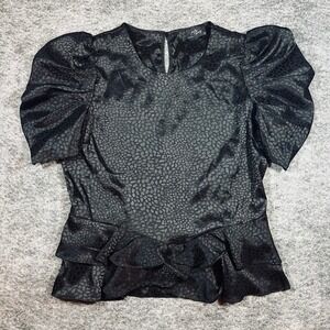 Milk & Honey Blouse Womens L Black Leopard Jacquard Puff Sleeve Peplum Romantic